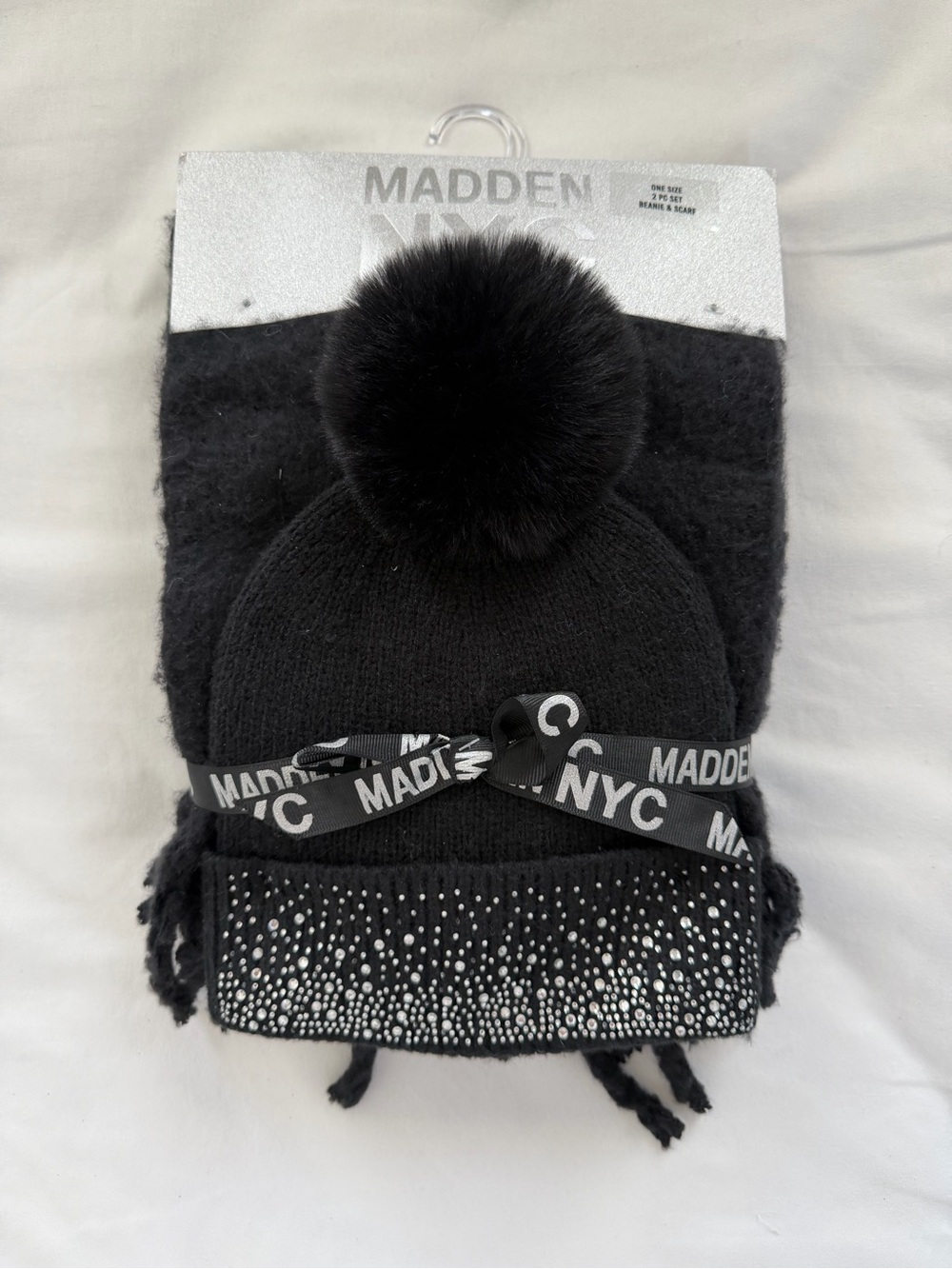 Madden NYC Women's Black Pom Pom Hat & Scarf Set